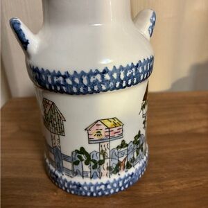Vintage Hand-Painted Ceramic milk Jug Bud Vase Blue Trim Kitchen Farm Birdhouses